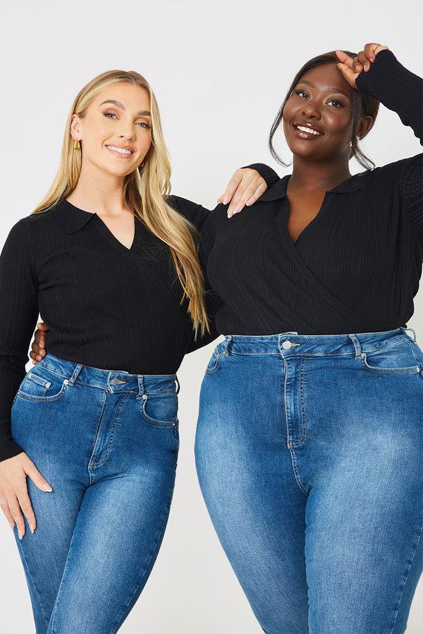 In The Style In The Style Rib Wrap Detail Bodysuit Black