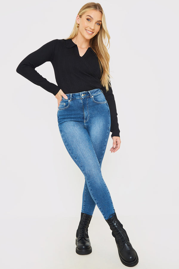 In The Style In The Style Rib Wrap Detail Bodysuit Black