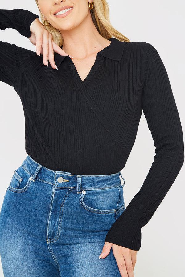 In The Style In The Style Rib Wrap Detail Bodysuit Black