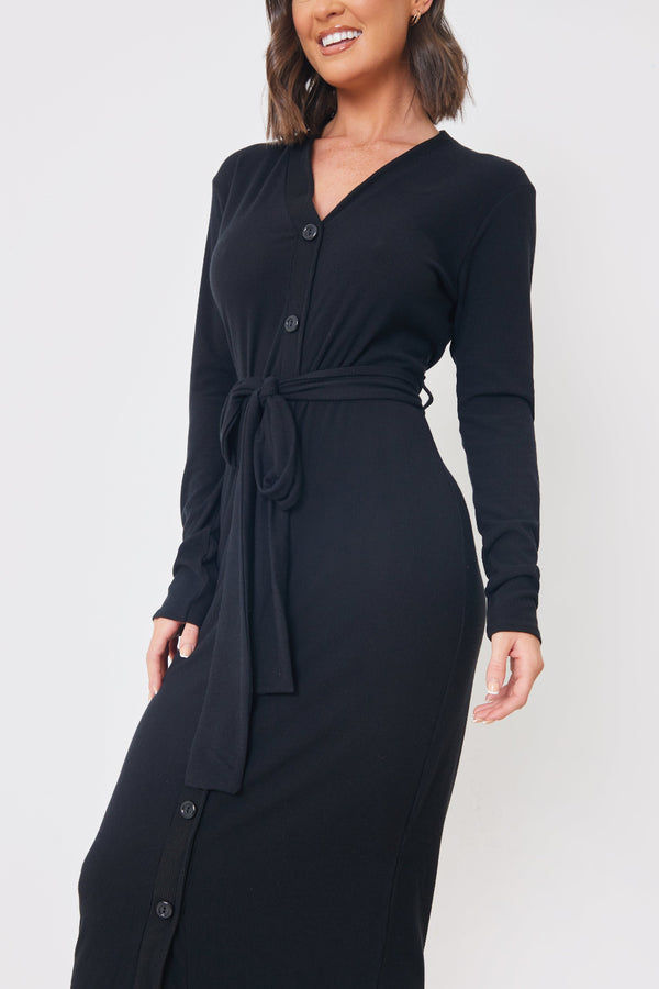 in the style In the Style Ribbed Belted Midi Dress Black