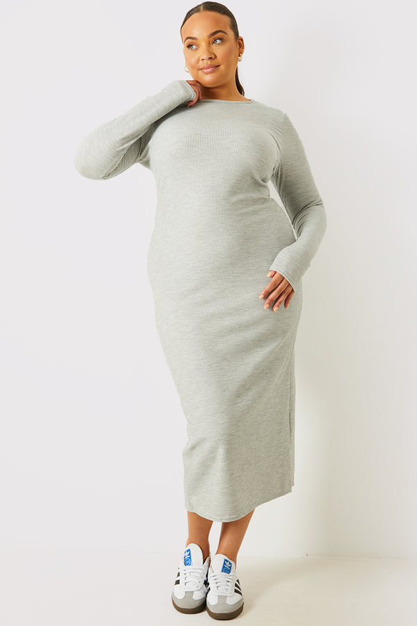 In The Style In The Style Ribbed Crew Neck Midi Dress Grey