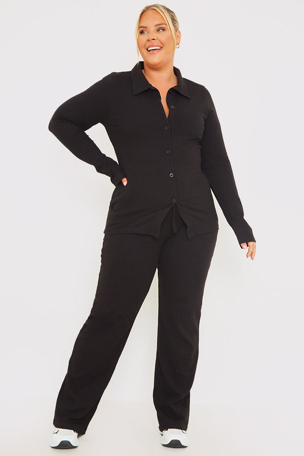 In The Style In The Style Ribbed Drawstring Wide Leg Trousers Black