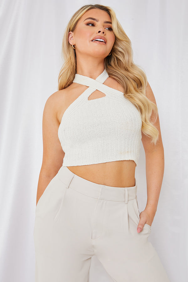 in the style In the Style Ribbed Halter Neck Top Cream