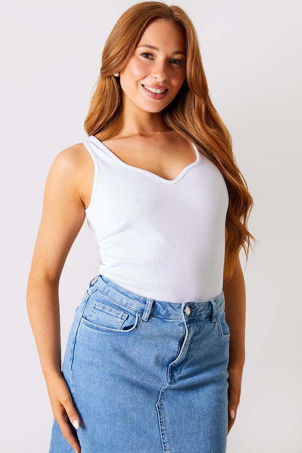 in the style In The Style Ribbed Sweatheart Neckline Bodysuit White