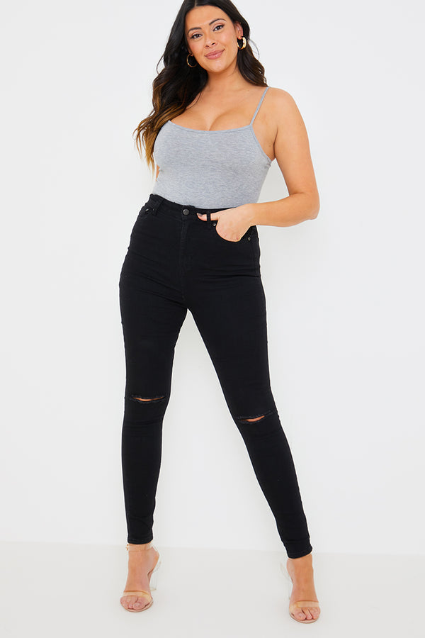 in the style In the Style Ripped Knee Wash Stretch Skinny Jeans Black