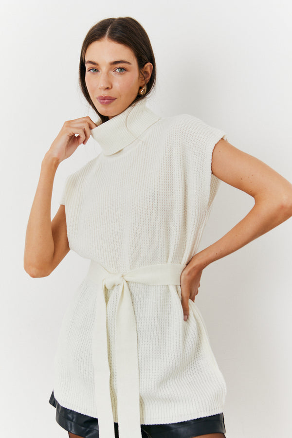 in the style In The Style Roll Neck Belted Knit Longline Jumper Cream
