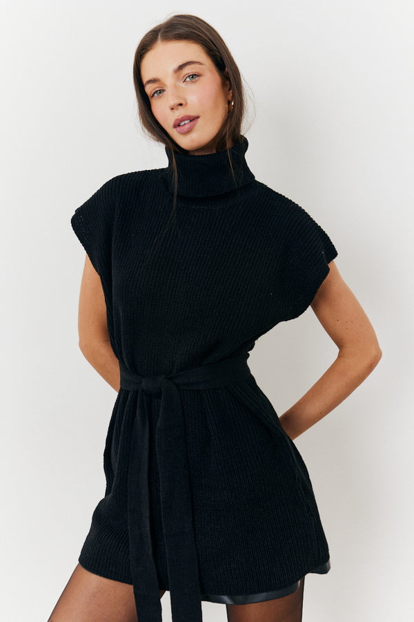 in the style In The Style Roll Neck Belted Knit Longline Jumper Black