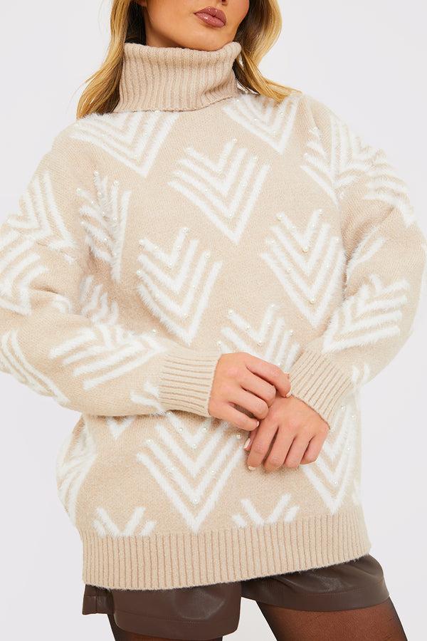 In The Style In The Style Roll Neck Pearl Detail Knit Jumper Sand