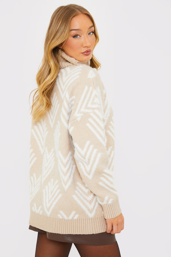 In The Style In The Style Roll Neck Pearl Detail Knit Jumper Sand