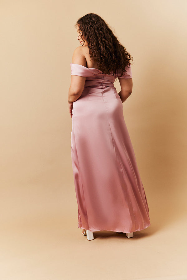 In The Style In The Style Rose Pink Satin Bardot Ruched Maxi Dress Rose Pink