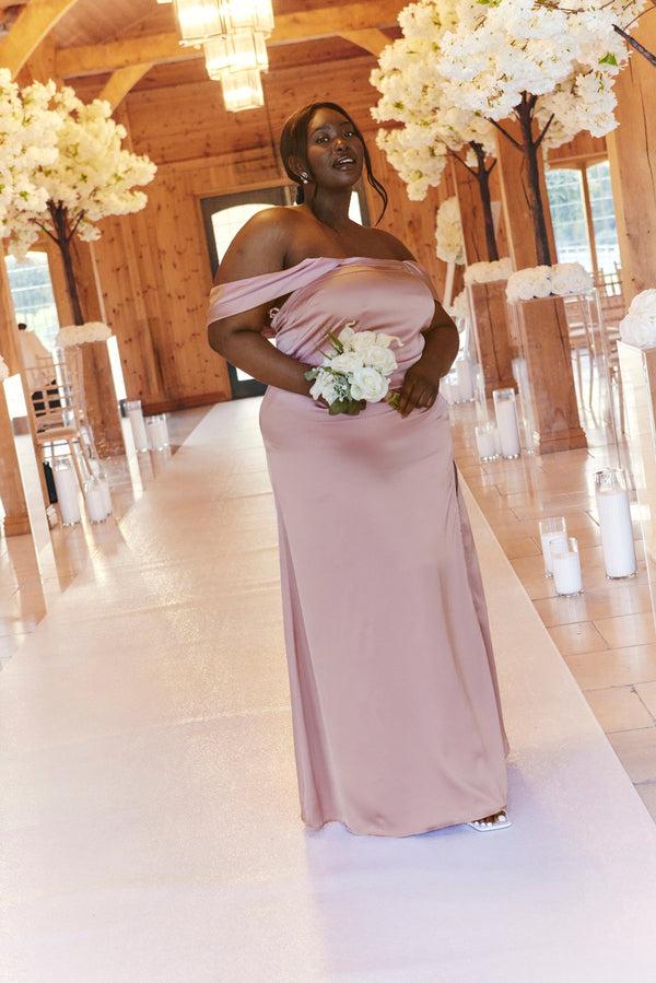 in the style In The Style Rose Pink Satin Bardot Ruched Maxi Dress Rose pink