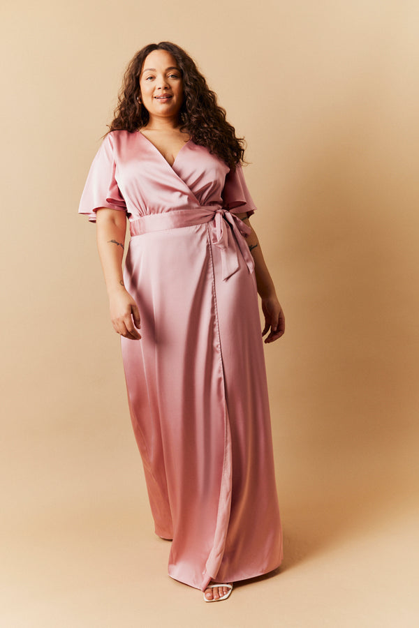 In The Style In The Style Rose Pink Satin Wrap Tie Angel Sleeve Maxi Dress Rose Pink