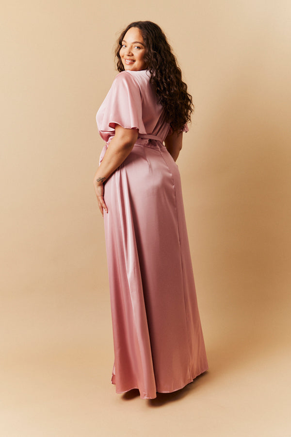 In The Style In The Style Rose Pink Satin Wrap Tie Angel Sleeve Maxi Dress Rose Pink