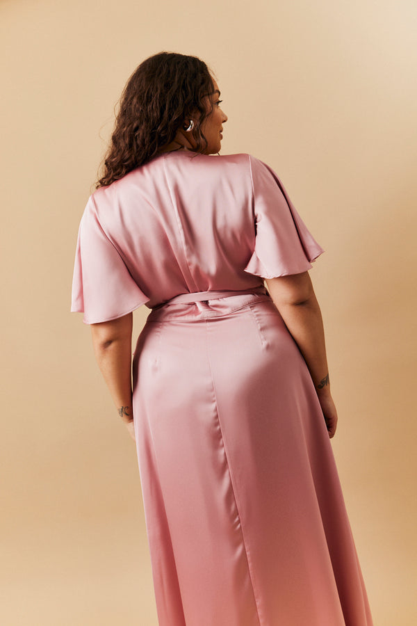 In The Style In The Style Rose Pink Satin Wrap Tie Angel Sleeve Maxi Dress Rose Pink