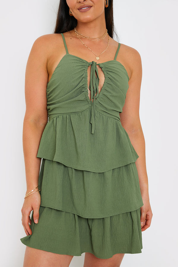 In The Style In The Style Ruched Bust Tie Detail Frill Mini Dress Green