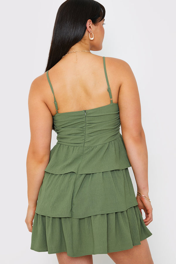 In The Style In The Style Ruched Bust Tie Detail Frill Mini Dress Green
