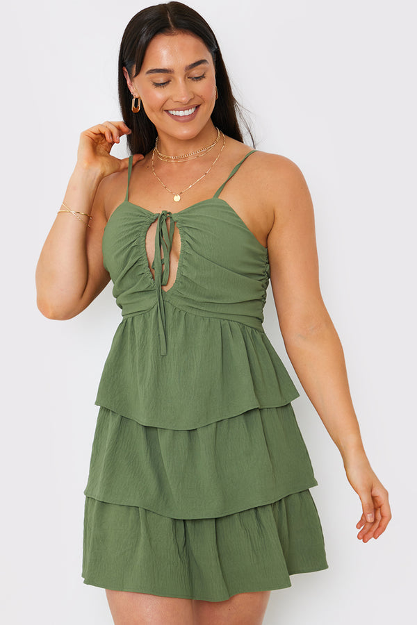 in the style In the Style Ruched Bust Tie Detail Frill Mini Dress Green