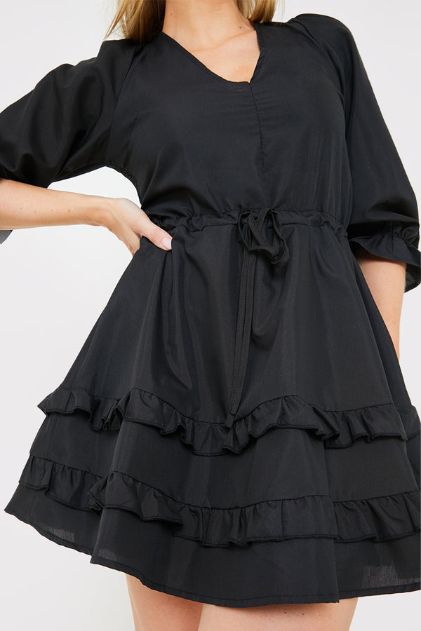 In The Style In The Style Ruffle Detail Balloon Sleeve Mini Dress Black
