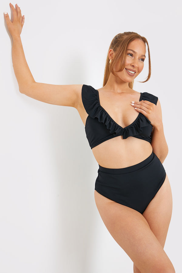 in the style In The Style Ruffle Neck Bikini Top Black