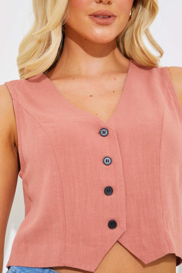 In The Style In The Style Rust Linen Look Waistcoat Coral