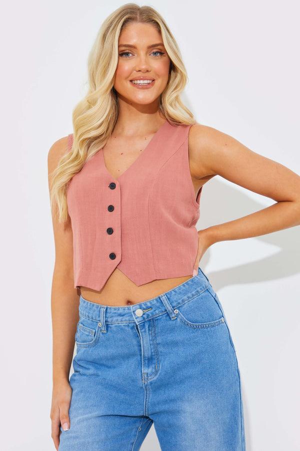 in the style In The Style Rust Linen Look Waistcoat Coral