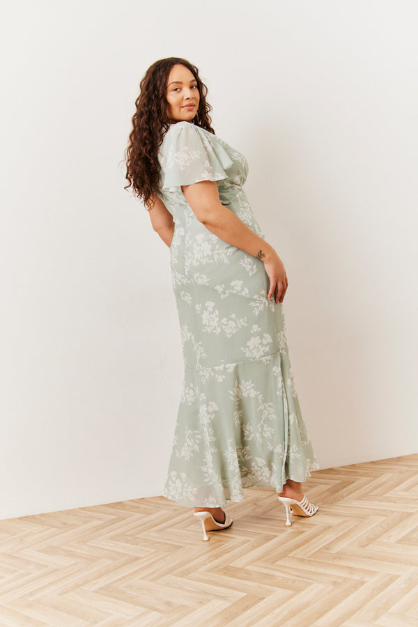 In The Style In The Style Sage Floral Print Chiffon Flutter Sleeve Maxi Dress Sage