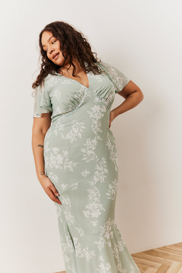 In The Style In The Style Sage Floral Print Chiffon Flutter Sleeve Maxi Dress Sage