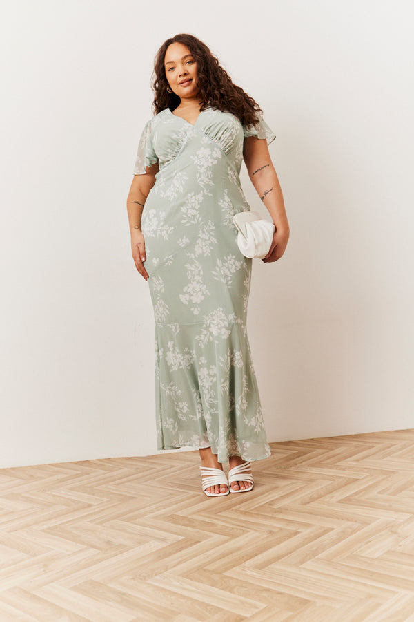 in the style In The Style Sage Floral Print Chiffon Flutter Sleeve Maxi Dress Sage