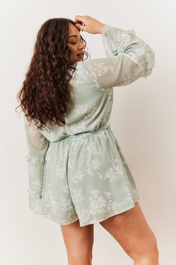 In The Style In The Style Sage Floral Print Floaty Playsuit Sage