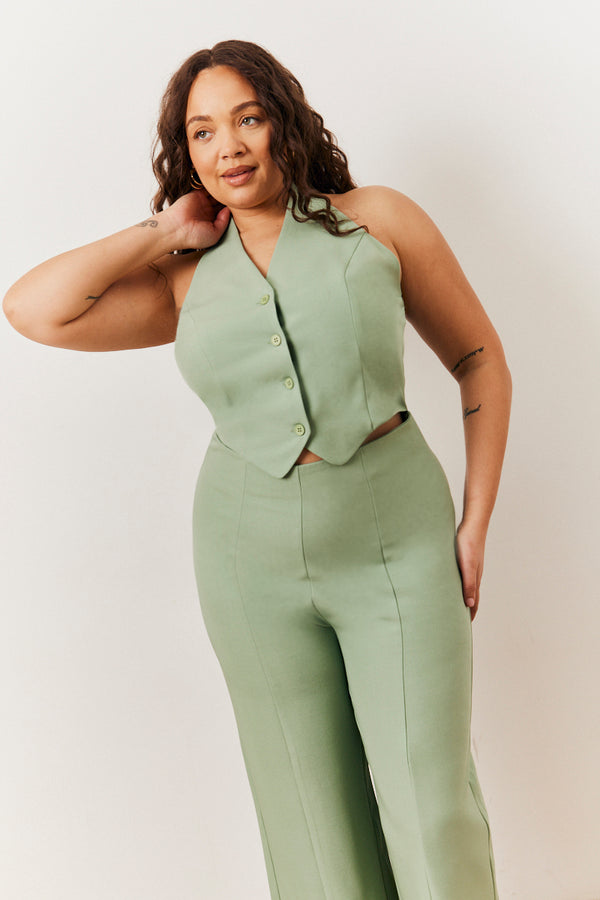 In The Style In The Style Sage Tailored Halterneck Waistcoat Wide Leg Jumpsuit Sage
