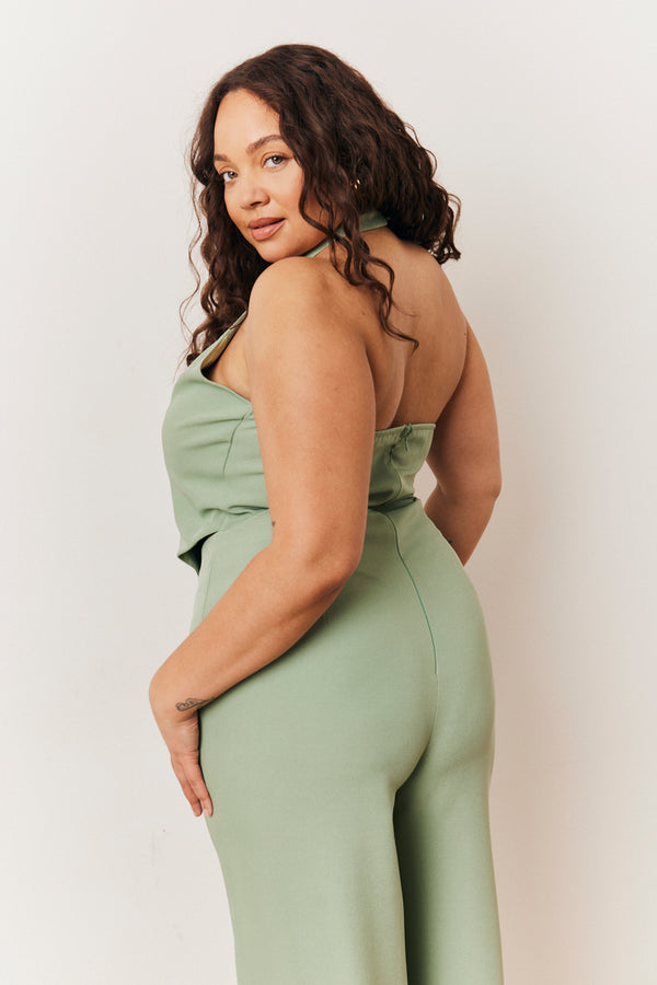 In The Style In The Style Sage Tailored Halterneck Waistcoat Wide Leg Jumpsuit Sage