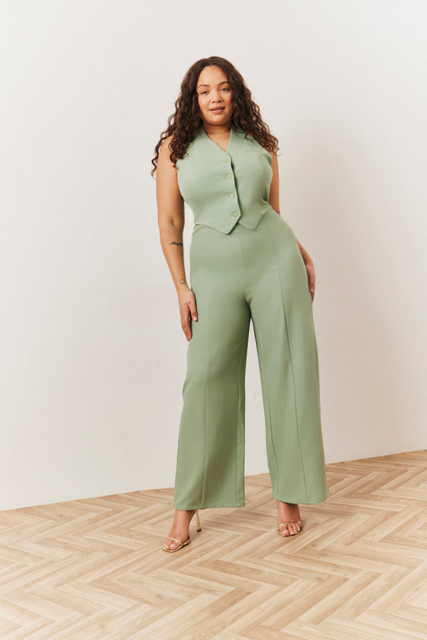 in the style In The Style Sage Tailored Halterneck Waistcoat Wide Leg Jumpsuit Sage