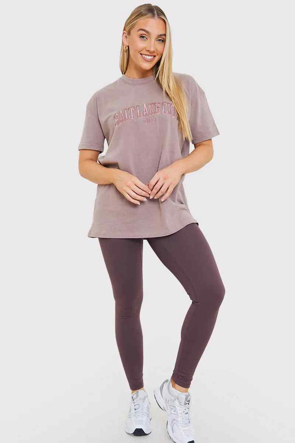 In The Style In The Style Salt Lake City' Acid Wash Slogan T-Shirt Mauve