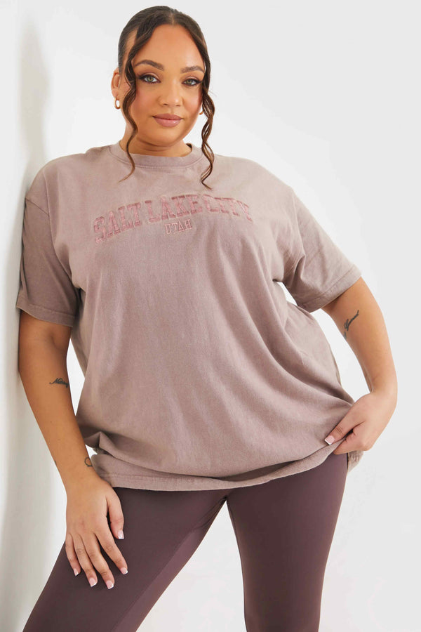 In The Style In The Style Salt Lake City' Acid Wash Slogan T-Shirt Mauve