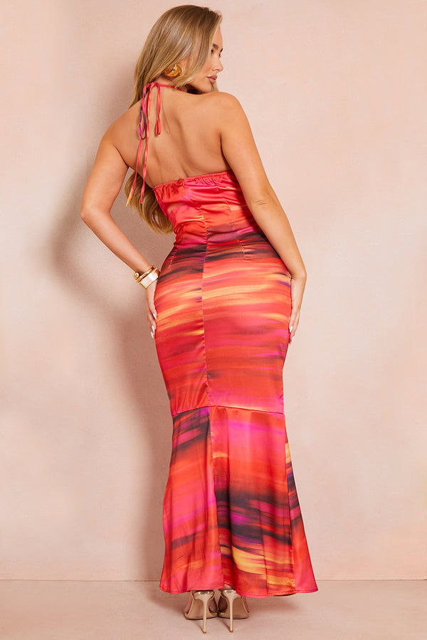 In The Style In The Style Satin Abstract Print Halterneck Midaxi Dress Pink
