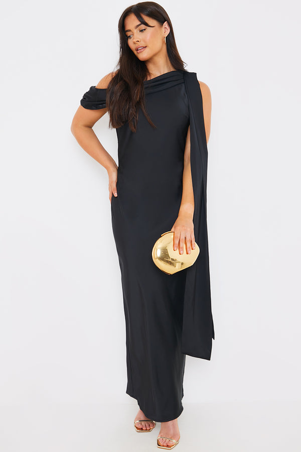 In The Style In The Style Satin Asymmetric Draped Neckline Maxi Dress Black