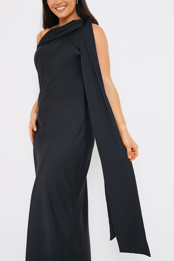 In The Style In The Style Satin Asymmetric Draped Neckline Maxi Dress Black