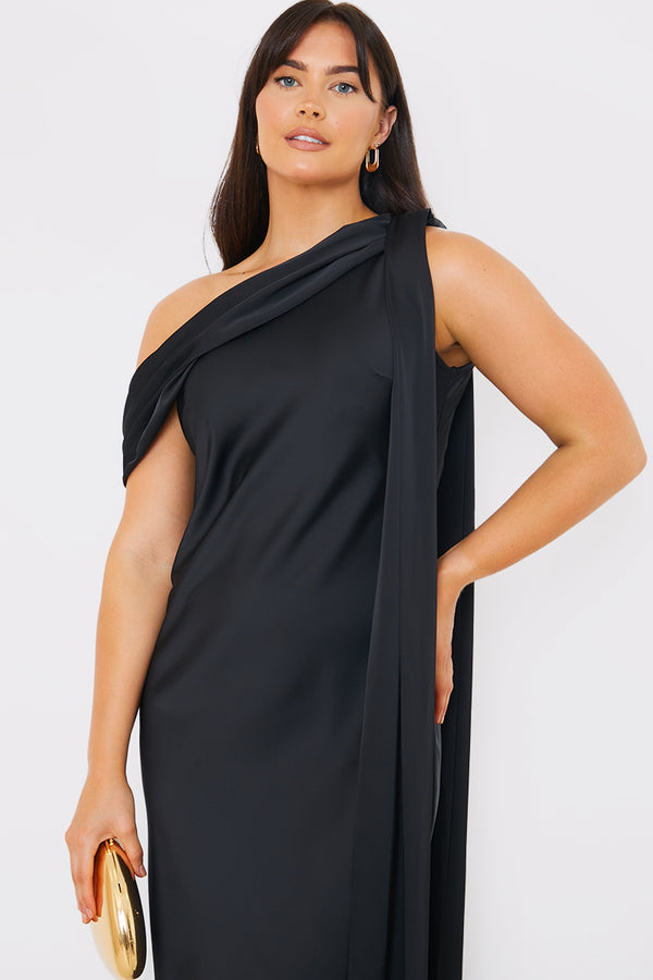 In The Style In The Style Satin Asymmetric Draped Neckline Maxi Dress Black