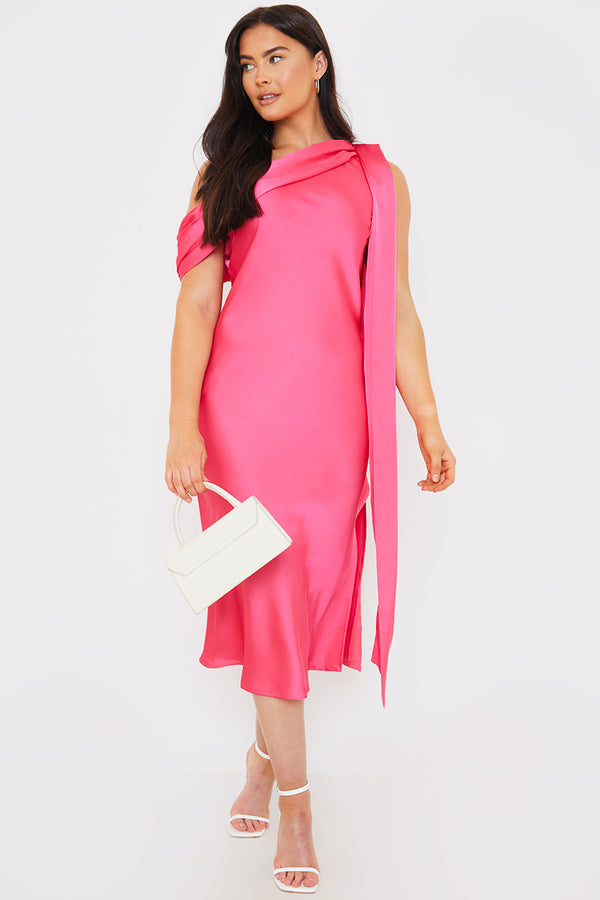In The Style In The Style Satin Asymmetric Draped Neckline Midi Dress Pink