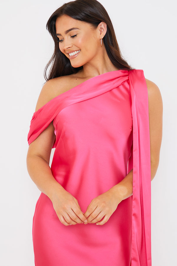 In The Style In The Style Satin Asymmetric Draped Neckline Midi Dress Pink