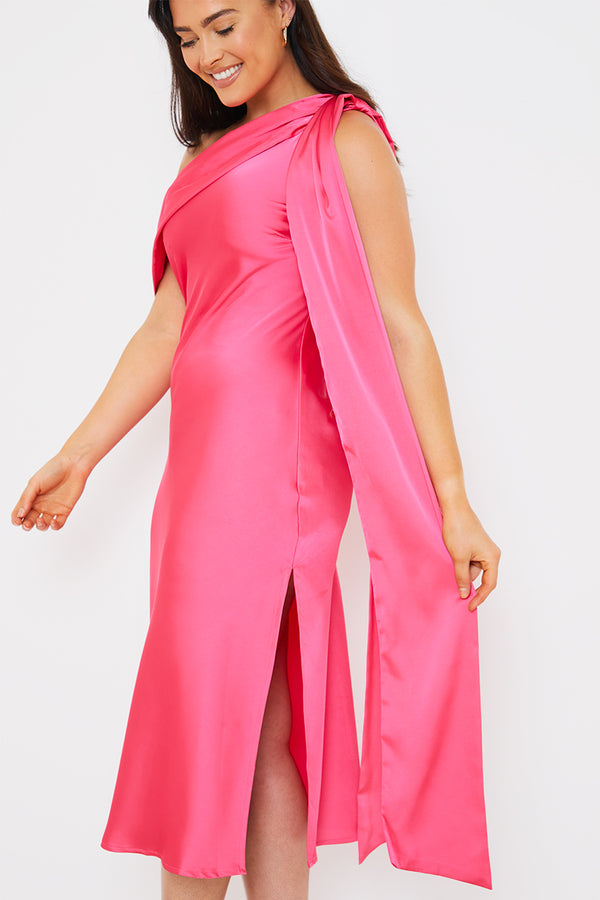 In The Style In The Style Satin Asymmetric Draped Neckline Midi Dress Pink