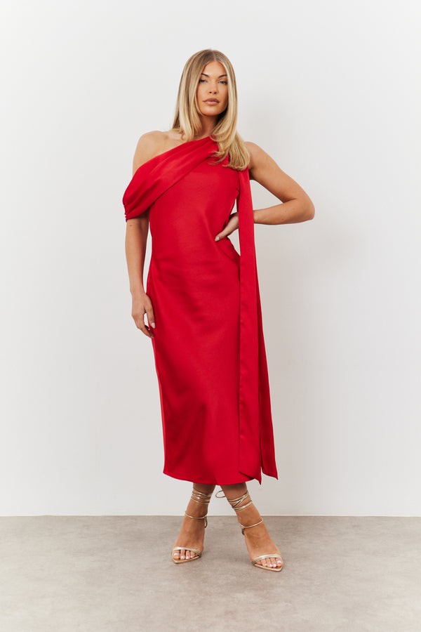 In The Style In The Style Satin Asymmetric Draped Neckline Midi Dress Red