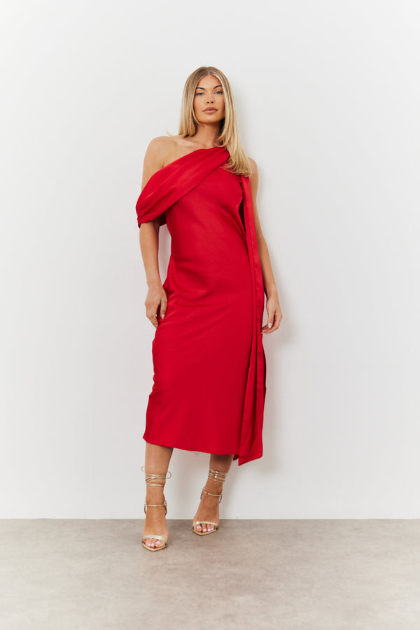 In The Style In The Style Satin Asymmetric Draped Neckline Midi Dress Red