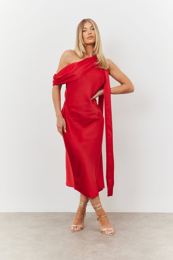 In The Style In The Style Satin Asymmetric Draped Neckline Midi Dress Red