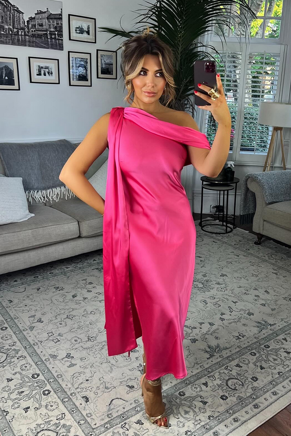 in the style In The Style Satin Asymmetric Draped Neckline Midi Dress Pink
