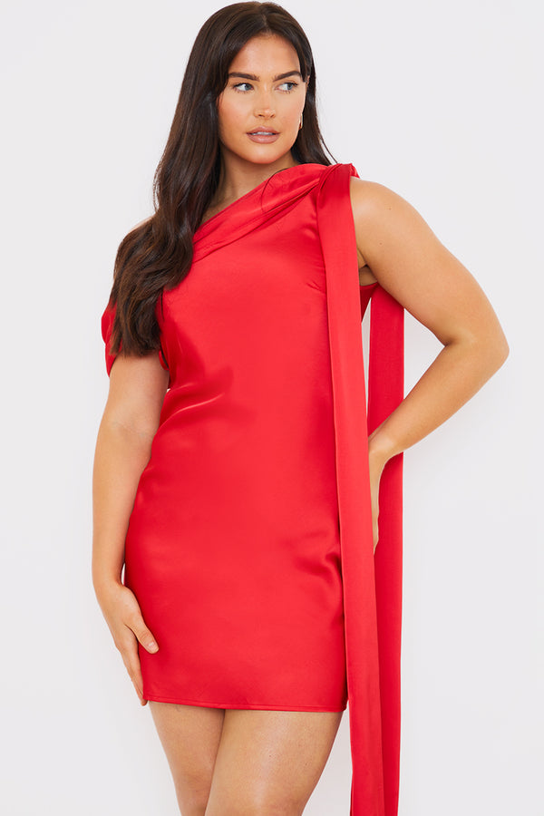 In The Style In The Style Satin Asymmetric Draped Neckline Mini Dress Red