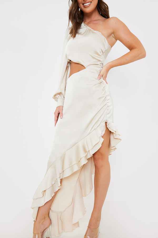 In The Style In The Style Satin Asymmetric Frill Maxi Dress Stone