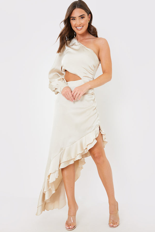 in the style In the Style Satin Asymmetric Frill Maxi Dress Stone