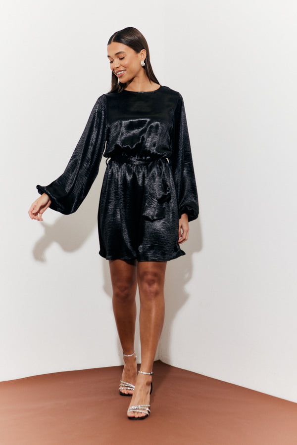 In The Style In The Style Satin Balloon Sleeve Belted Mini Dress Black