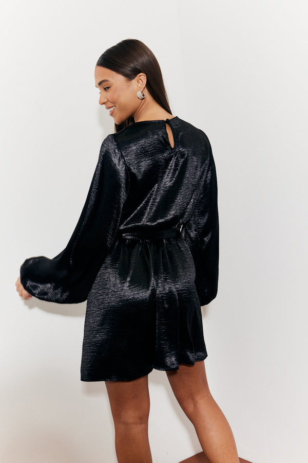 In The Style In The Style Satin Balloon Sleeve Belted Mini Dress Black